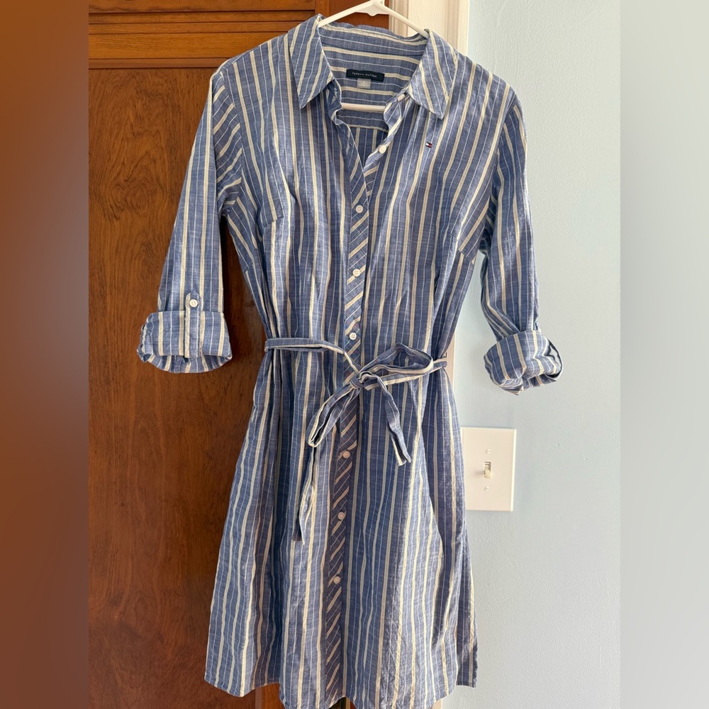 Tommy Hilfiger White and Blue Long Sleeve Shirt Dress
